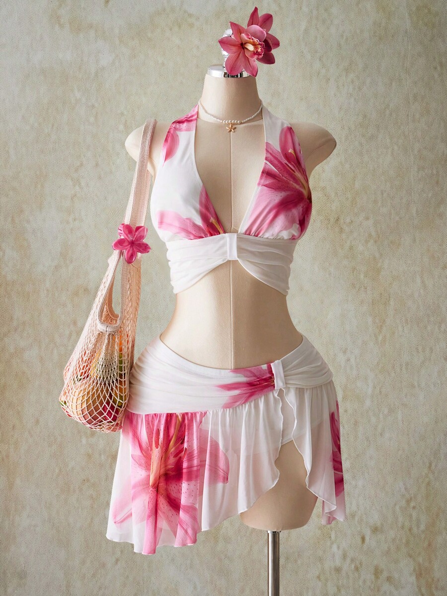 SHEIN ICON 加大码女式 Y2k 外出度假花卉印花露背短款上衣和低腰花卉印花迷你裙套装，夏威夷伊比沙岛风情装