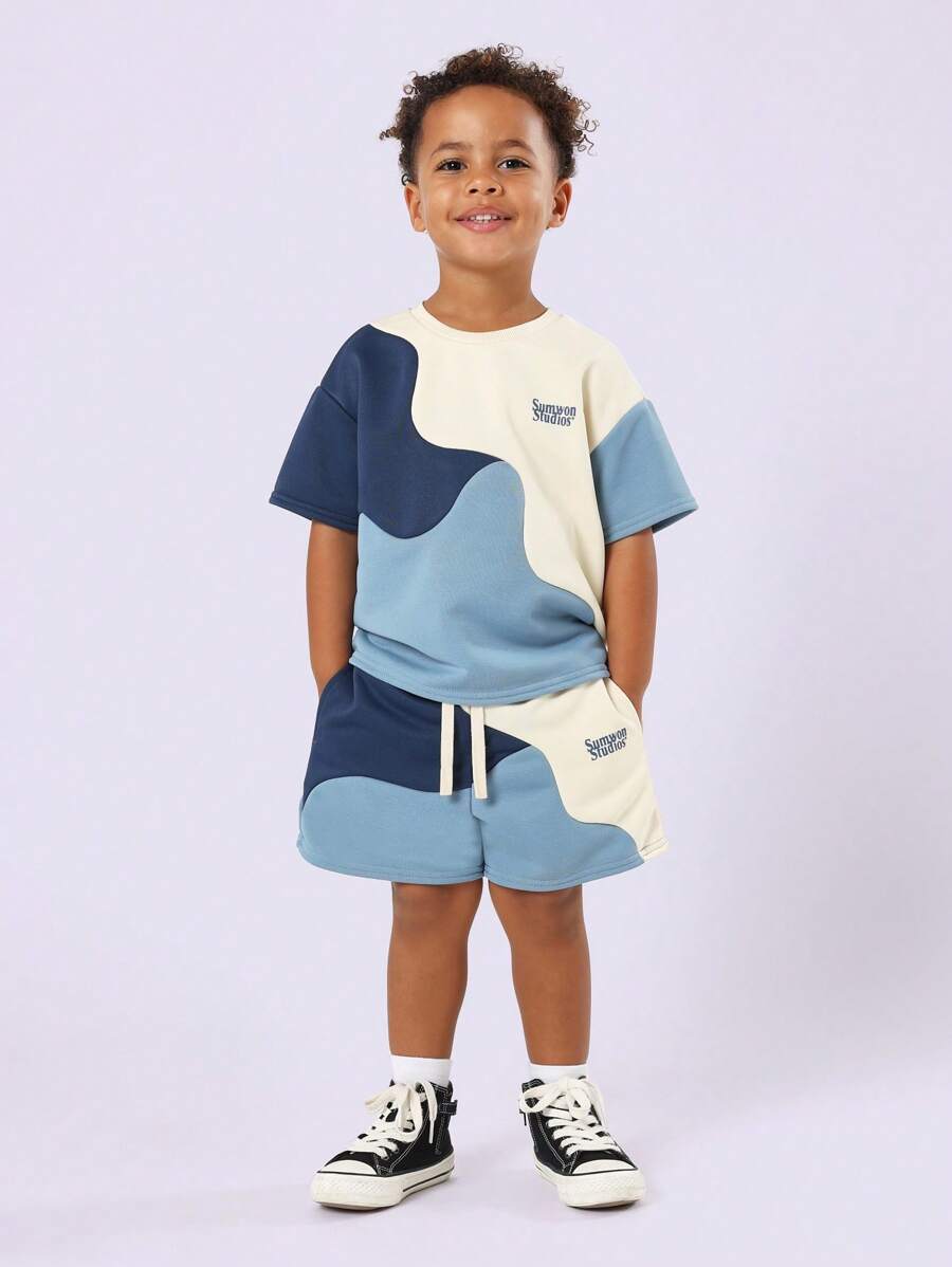 Bộ đồ thể thao họa tiết sóng trẻ em của Sumwon Studios Bộ đồ thể thao thường ngày mùa hè mùa xuân Áo nỉ thể thao Quần áo chạy bộ Quần áo chơi - Màu xanh lam - Xem 1