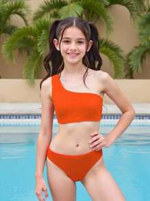 SHEIN Tween Girls' Solid Color Swimsuit 2 Pieces Set, Beach/Vacation Orange Bikini Teen Orange Bikini Orange Two Piece Swimsuit One Shoulder Orange Bikini High Waisted Orange Bikini - Orange - View 3