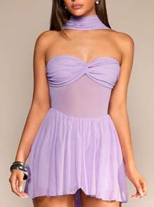 Glamine Mesh Patchwork Twist Crop Top Dress - Purple - View 7