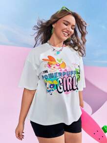 THE POWERPUFF GIRLS X SHEIN Plus Size Women Casual Blossom, Bubbles, Buttercup Pattern Loose Batwing T-Shirt, Summer - White - View 7