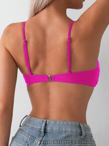 Swim Basics 女士度假海滩纯色扭纹前比基尼上衣 - 玫紅色 - 查看 3