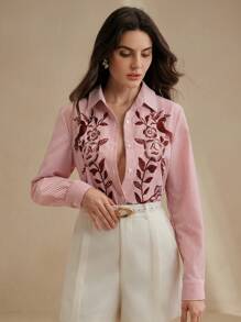 Anewsta Áo sơ mi dài tay họa tiết sọc thêu hoa thời trang đi làm thanh lịch cho nữ, lễ hội xuân hè tốt nghiệp - Màu Hồng Tươi - Xem 6