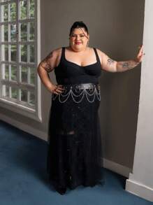 SHEIN X LOS FAVORITOS DE LA FATSHIONISTA SHEIN BAE Débardeur en dentelle noire avec empiècement pour femmes grandes tailles, convient pour les rendez-vous, les fêtes, le thé de l'après-midi, les tenues de club sexy, les blouses élégantes, les tenues de festival, les vêtements de bureau, l'été, le pailleté, les vêtements de travail, les tenues de discothèque, le thé, les hauts de base, les chemises de la Saint-Valentin, les affaires, les vêtements de printemps, les robes modestes, la musique - Noir - Voir 2