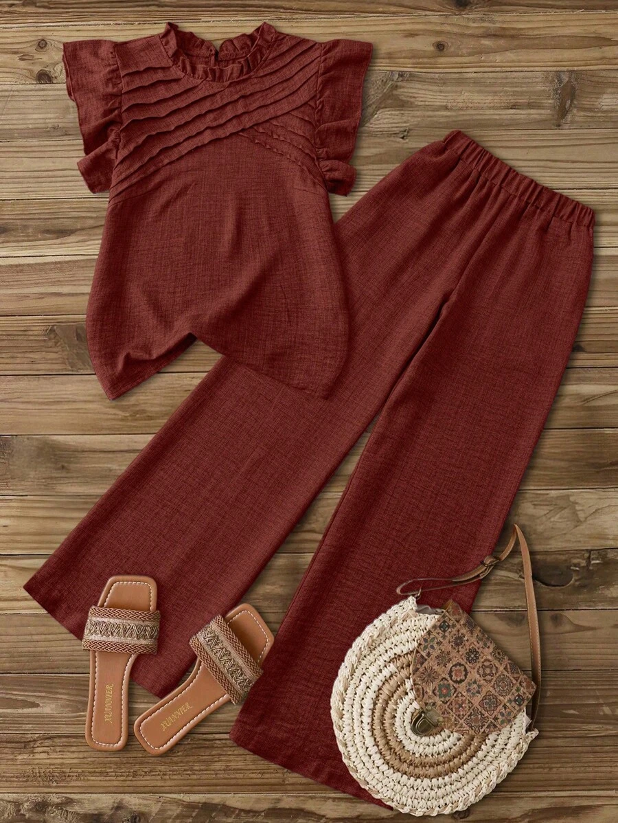 SHEIN Clasi 女式休闲蓝色不对称荷叶边盖袖衬衫 + 女式休闲蓝色松紧腰侧袋直筒九分裤，春夏 - 亮橙色 - 查看 1