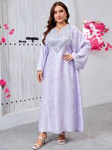 SHEIN Najma Elegant Luxurious Jacquard Fabric Contrast Pearl Embroidered Collar Loose Romantic Ladies Dress - Mauve Purple - View 1