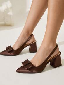 CUCCOO CHICEST 女士优雅方头粗跟一脚蹬高跟鞋，带蝴蝶结装饰，巧克力棕色，适合工作、约会、下午茶，百搭衣橱必备