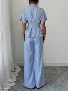 Modelyn 2件套女士条纹蝙蝠袖上衣和裤子套装，夏季