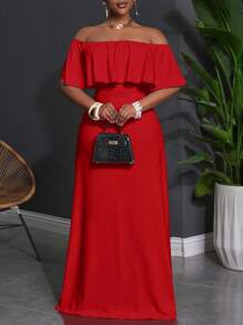 Slaydiva 2025 年新款百搭简约休闲设计露肩荷叶边修身连衣裙，大码女装/秋季女装/大码夏装/七月四日/七月四日女装/Y2K/女装街头服饰/乡村/海滩/俱乐部/教师/亚麻/街头服饰/欧洲夏季/女士夏季服装/女士时尚服装/，长裙红色长裙露肩长裙红色长裙红色露肩连衣裙女式红色长裙 - 紅色 - 查看 7