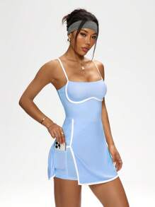 Easithlete Vestido deportivo informal con camisola de contraste y abertura - Celeste - Ver 6