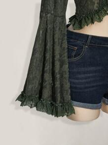 SHEIN ICON 加大码军绿色喇叭袖口蕾丝拼接前系带蝴蝶结 V 领毛衣上衣，适合暑假、毕业季、返校季、音乐节、波西米亚风