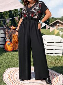 EMERY ROSE 大码女式花卉印花V领短袖阔腿连体裤 - 黑色 - 查看 7