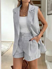 Easowa 2 件套女士休闲条纹西装外套领短裤带口袋套装女士办公室服装商务休闲女士春季服装女士办公室服装女士休闲套装秋冬复古风格 - 彩色 - 查看 1