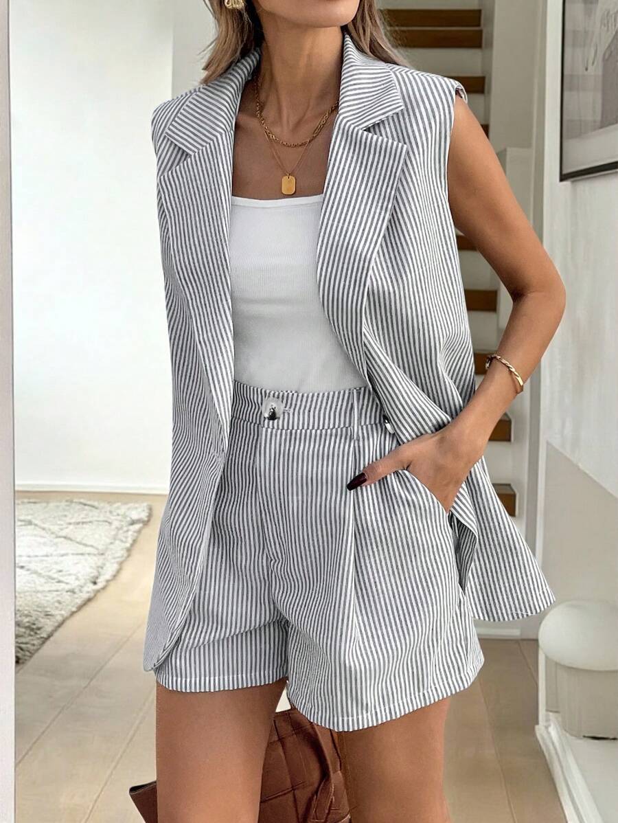 Easowa 2 件套女士休闲条纹西装外套领短裤带口袋套装女士办公室服装商务休闲女士春季服装女士办公室服装女士休闲套装秋冬复古风格 - 彩色 - 查看 1