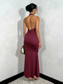 SHEIN Tall Đầm Maxi Bodycon hở lưng màu trơn đơn giản thanh lịch cho nữ, thích hợp mặc hàng ngày - Màu Đỏ Sâu - Xem 7