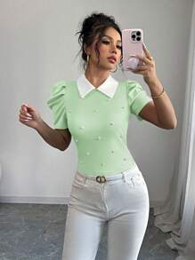 Elenzga 女士优雅日常衬衫领黑白撞色荷叶边修身T恤 - 薄荷綠 - 查看 1
