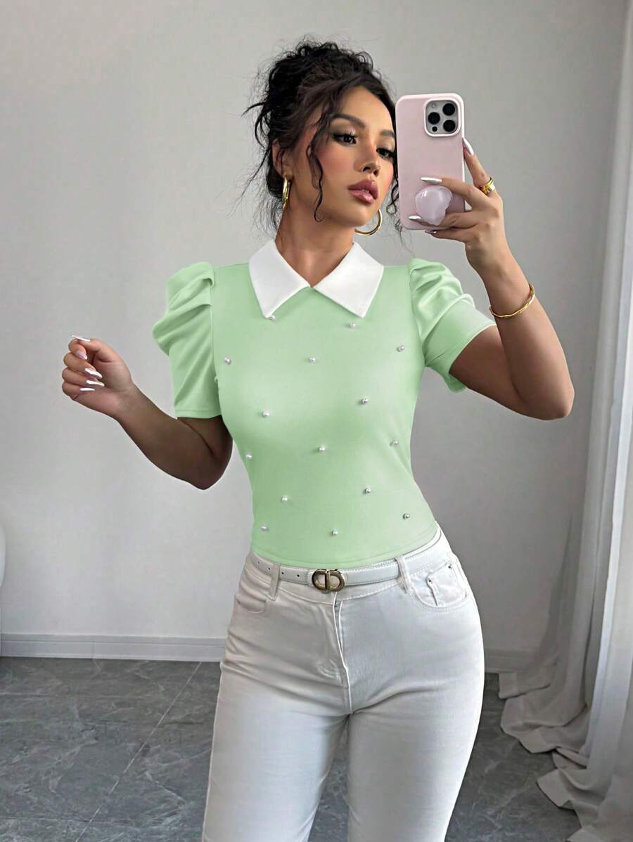 Elenzga 女士优雅日常衬衫领黑白撞色荷叶边修身T恤 - 薄荷綠 - 查看 1