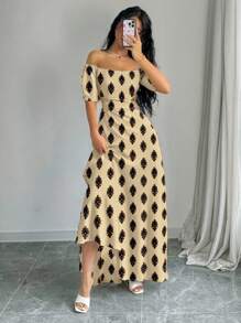 Elenzga 印花露肩蝴蝶结腰带A字长裙女装 - 卡其色 - 查看 3