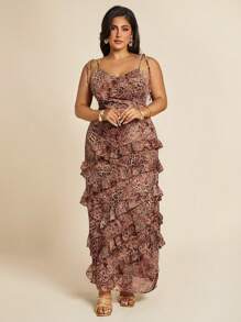 SHEIN X Scheana SHEIN BAE 夏季海滩度假豹纹荷叶边蛋糕连衣裙，适合日常约会、夜间外出、夜总会、派对、聚会、泳池派对、返校季服装、返校季服装、节日连衣裙女装、音乐节服装、乡村音乐节服装、演唱会服装 - 彩色 - 查看 3