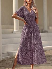 EMERY ROSE Vacation Casual Ditsy Floral Side Slit Dress - Maroon - View 7