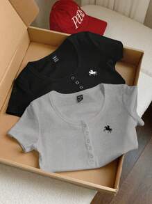 Comfortcana 2pcs/Set Solid Henley Neck Embroidered Slim Fit Short Sleeve T-Shirts, Summer - Grey - View 7