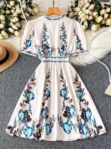 DreamSkyne Women's Elegant White Summer Mini Dress,Collared Short Sleeve Print Sun Dress For Bachelorette Party,Tea Party,Holiday,Business Casual Work Gown - Apricot - View 2