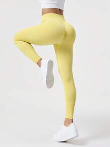 SHEIN Sports 1 件套吸湿排汗快干面料常规版型瑜伽/运动裤，芥末黄基本款 - 黃色 - 查看 1