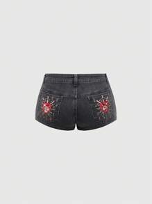 ROMWE Grunge Punk Women's Y2K Retro Super Low Waist Back Pocket Heart Embroidery Rhinestone Distressed Mini Denim Shorts - Black - View 1