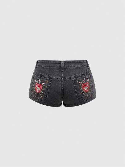 Grunge Punk Shorts vaqueros mini con bordados de corazones con strass, efecto desgastado, de talle súper bajo y bolsillos traseros para mujer, estilo retro Y2K