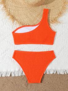 SHEIN Tween Girls' Solid Color Swimsuit 2 Pieces Set, Beach/Vacation Orange Bikini Teen Orange Bikini Orange Two Piece Swimsuit One Shoulder Orange Bikini High Waisted Orange Bikini - Orange - View 2