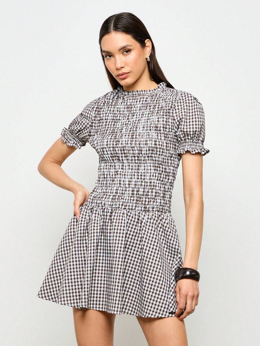 AiiRZ 褶饰格子迷你连衣裙泡泡袖夏季春季荷叶边田园风草原风格松紧腰花园茶会褶饰