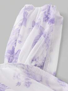 SHEIN Girlism Tween Girl Elegant Square Neck Floral Print Slim Fit Pleated Top Wide Strap Pleated Side Top - Mauve Purple - View 3