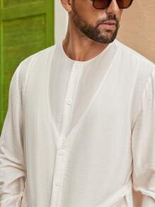 SIGLOCORE Men's Loose Design Tie-Up Long Sleeve Shirt With Layered Look, Spring/Summer Men Resort Wear - White - View 4