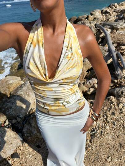 Opulessa Women's Summer Sexy Floral Print Draped Neck Backless Top,Vacation Style, Knitted Romantic Floral Printed,Casual Summer Vacation,Bohemia Beach Vacation,Boho Chic,Holiday Festival,Beach,Summer,Graduation,Beach Essentials,Butter Yellow Tops,4th Of July Women,Club