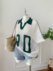 Comfortcana Plus Size Women Casual Openwork Knit Short Sleeve Top,Holiday Outfits,Summer,Going Out Tops, Vintage Tops Women, Preppy Tops,Beach,Vacation,Green And White,European Summer,Streetwear,Graphic Tees