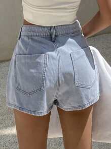 Livesso 新款复古效果水洗宽松设计休闲牛仔短裤，夏季 - 藍色 - 查看 4