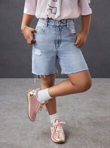Shorts vaqueros azules desgastados de estilo casual de verano para niña joven - Lavado ligero - Ver 3