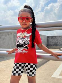 SHEIN Young Girl Casual Street Style Car Print T-Shirt & Checkerboard Leggings 2pcs Set Kids Streetwear - Red - View 4