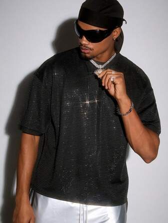 Street Life Camiseta de manga corta de corte holgado decorada con lentejuelas para hombre