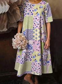 Plus Size Patchwork Print Dress, Casual Holiday Style - Blue - View 1