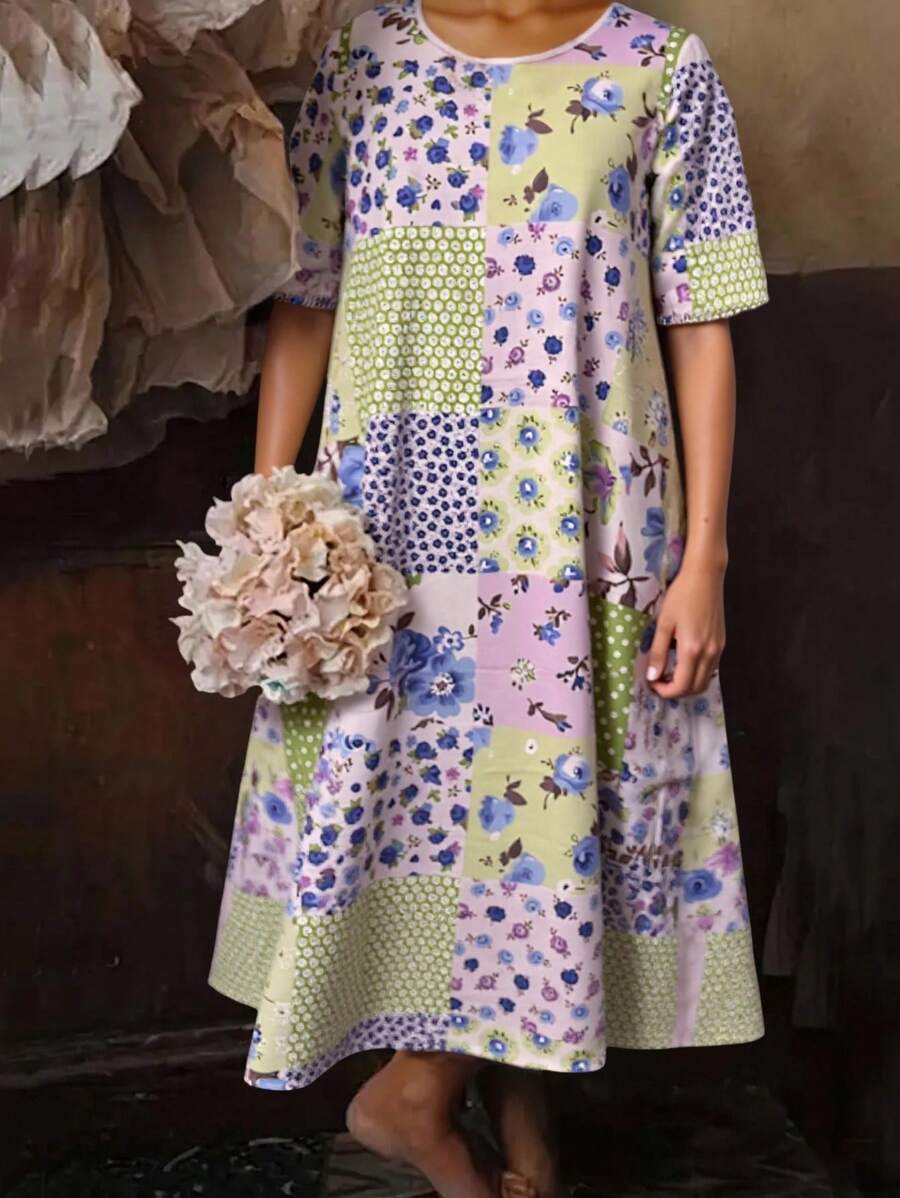 Plus Size Patchwork Print Dress, Casual Holiday Style - Blue - View 1