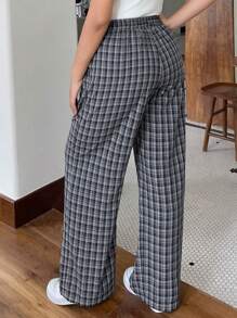 Dazy Plus Plus Size Plaid Elastic Waist Drawstring Loose Casual Long Pants - Navy Blue - View 2