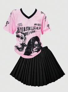 SHEIN Conjunto de niña preadolescente con blusa suelta con cuello en V y estampado gráfico, y falda plisada, conjunto de ropa casual tipo streetwear, apto para uso diario, salidas, reuniones casuales, primavera/verano