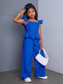 SHEIN Leap Crew 青少年女孩优雅平纹编织盖袖衬衫和裤子套装，休闲日常穿着 - 寶藍色 - 查看 3