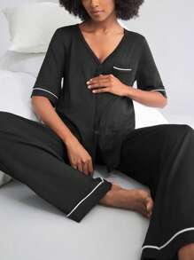 BloomMama 孕妇家居服 - 短袖上衣 + 长裤 - 黑色 - 查看 1