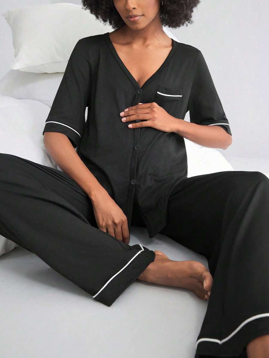 BloomMama 孕妇家居服 - 短袖上衣 + 长裤 - 黑色 - 查看 1