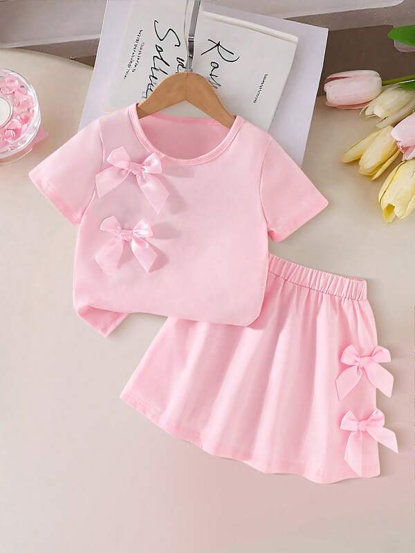 2pcs/Set Girls' Casual Daily Round Neck Short Sleeve 3D Bowknot T-Shirt And High Waist A-Line Short Skirt Outfit'