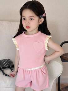 Genkimix Kids 两件套女童夏季休闲华夫格针织荷叶边袖上衣和短裤套装，可爱百搭 - 粉色 - 查看 3