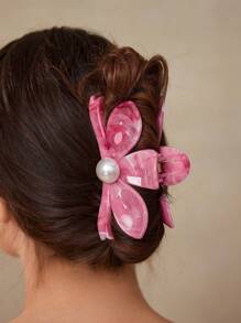 MOTF PREMIUM 仿珍珠细节花朵形状发爪 发夹 发夹 发颚夹 发夹 发夹 接发夹 - 玫紅色 - 查看 7