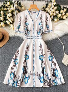 DreamSkyne Women's Elegant White Summer Mini Dress,Collared Short Sleeve Print Sun Dress For Bachelorette Party,Tea Party,Holiday,Business Casual Work Gown - Apricot - View 1